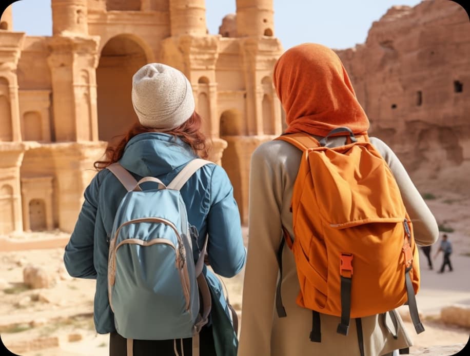 Two travelers with backpacks looking at ancient ruins