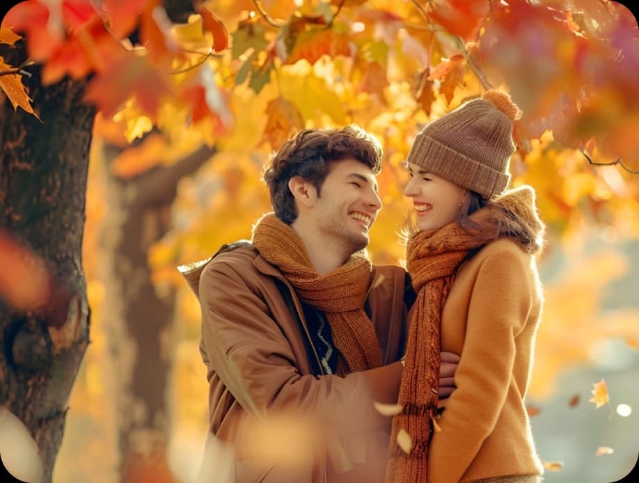 Couple in orange autumn outfits smiling at each other